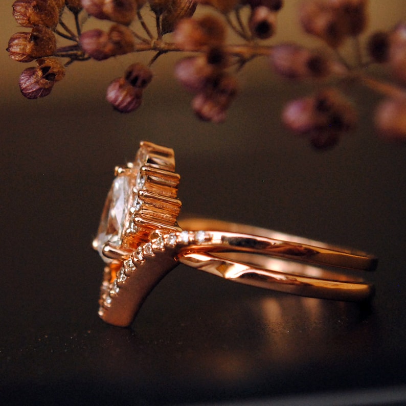 Pear Diamond Wedding Ring Set, 14K Rose Gold Crossover Bridal Ring Set, Chevron V Wedding Band, Half Halo Stacking Engagement Ring image 7