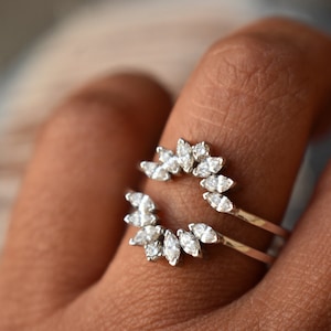 Natural Diamond Ring Enhancer for Oval Ring, 14k 18k Solid Gold Ring Wrap, Marquise & Round Diamond Sunburst Halo Ring, Anniversary Stack