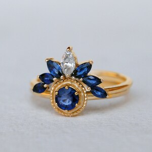 Blue Sapphire Engagement Ring with Sapphire and Diamond Curved Bridal Stack Ring Set image 2