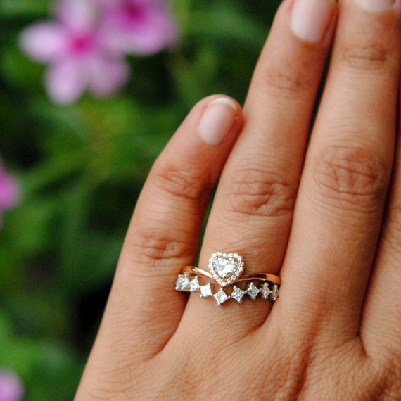 Heart Diamond Engagement Ring With Princess Cut Diamond Wedding Ring Set in 14k Solid Gold Halo Engagement Ring Princess Cut Stack Band Etsy Norway
