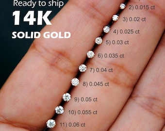 Genuine Diamond & 14K Solid Gold Threaded Top Stud, 16g Externally Threaded Flatback, Nose Ear Cartilage Helix Tragus Lip Brow Piercing Pin