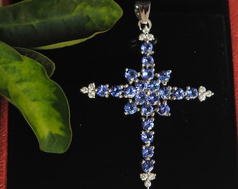 Cross Tanzanite Blue Necklace pendant, Big Christian Catholic Cross Necklace, Solid Gold and Diamond Cross Necklace