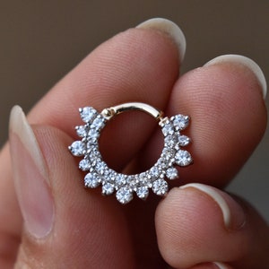 Natural Diamond Septum Daith Ring in 14K 18k Solid Gold, 14g 16g 18g Septum Helix Conch Clicker Earring, Piercing Jewelry