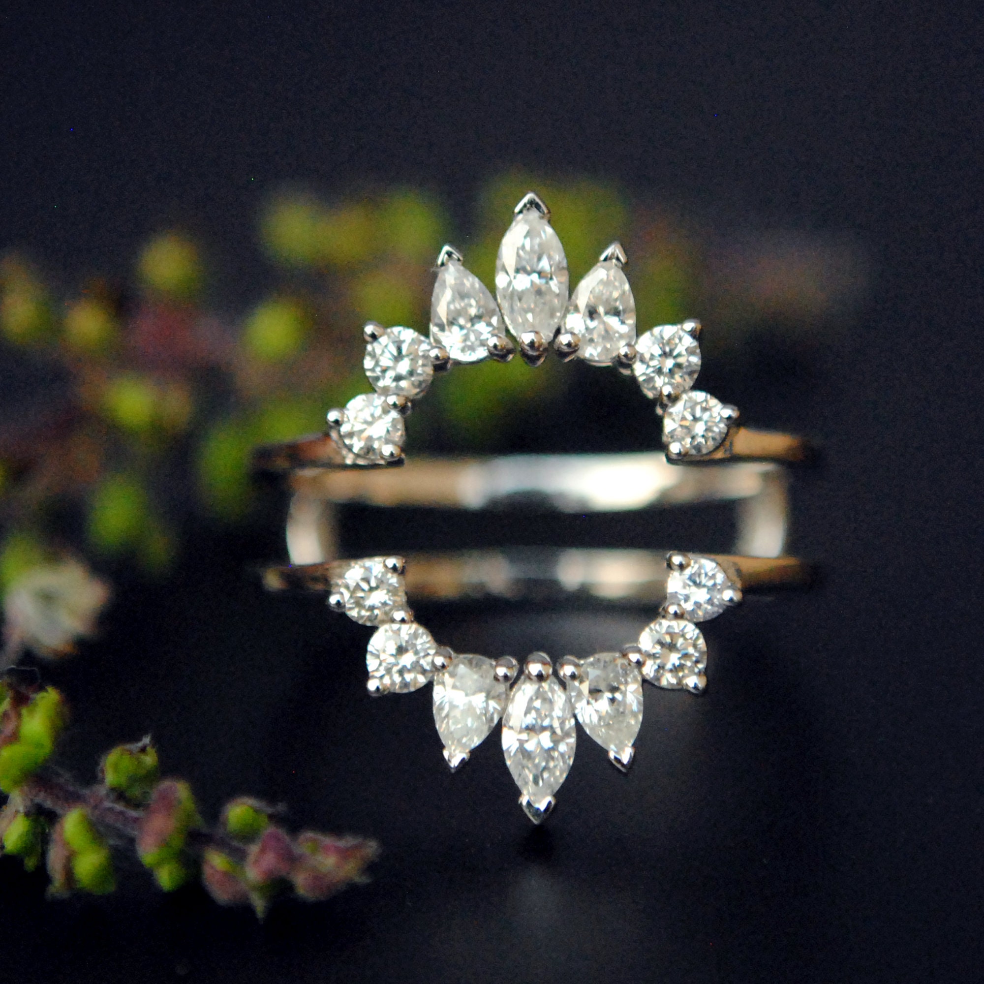 Diamond Ring Guard for Emerald Cut Engagement Ring 14K Solid Gold