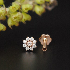 Genuine Diamond Flower Stud for Nose Tragus Lobe Conch, 14K Gold 9 Diamond Cluster Floral 16g External Threaded Pin, Piercing Jewelry