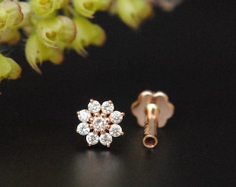 9 Natural Diamond Flower Stud, 14K 18K Solid Gold Floral Cluster Stud, 16g Threaded Flatback, Nose Tragus Lobe Conch Piercing Jewelry