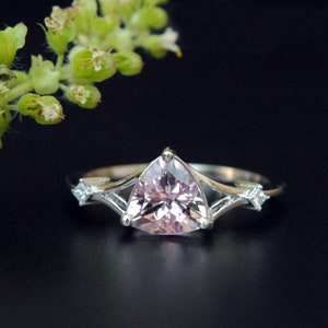 Trillion Cut Pink Morganite & Diamond Engagement Ring, 14k 18k Solid Gold Three Stone Trilliant Ring, Alternative Bridal Proposal Ring