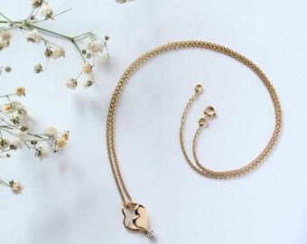 Tiny Twin Heart Pendant Necklace, Small Heart Charm Necklace in Solid Gold and Diamond