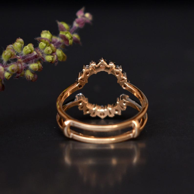 Natural Diamond Ring Guard, Oval Flower Shaped Engagement Ring Wrap, 14k 18k Solid Gold & Baguette Round Diamond Custom Fit Enhancer image 5