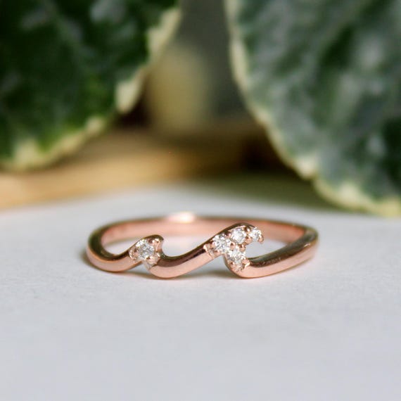 Natural Diamond Wave Ring, 14K 18K Solid Gold Ocean Tide Current 