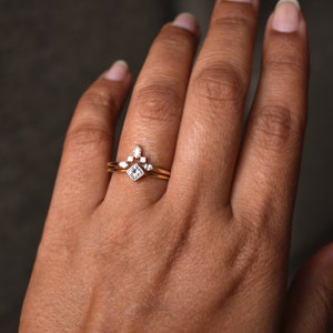 Princess Diamond Wedding Ring Set, 14k Solid Gold Bridal Engagement Ring Set, Marquise Diamond Chevron V Wedding Band, Diamond Set image 7