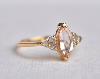 10x5mm Marquise Morganite & Diamond Engagement Ring, 14k 18k Solid Gold Ring, Salt Pepper Diamond Cluster Ring, Pink Gemstone Ring