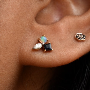 Multistone Trinity Ear Stud, 14k 18k Solid Gold & Natural Diamond Sapphire Opal Earring, Lobe Tragus Conch Piercing Jewelry 16g Flatback