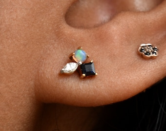 Multistone Trinity Ear Stud, 14k 18k Solid Gold & Natural Diamond Sapphire Opal Earring, Lobe Tragus Conch Piercing Jewelry 16g Flatback