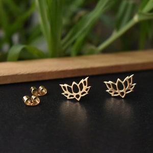 14K 18K Solid Gold Lotus Earrings, Lotus Silhouette Everyday Studs, Screwback Pushback Ear Pins, Yoga Jewelry, Christmas Gifts