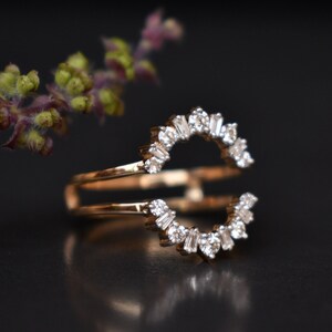 Natural Diamond Ring Guard, Oval Flower Shaped Engagement Ring Wrap, 14k 18k Solid Gold & Baguette Round Diamond Custom Fit Enhancer image 3