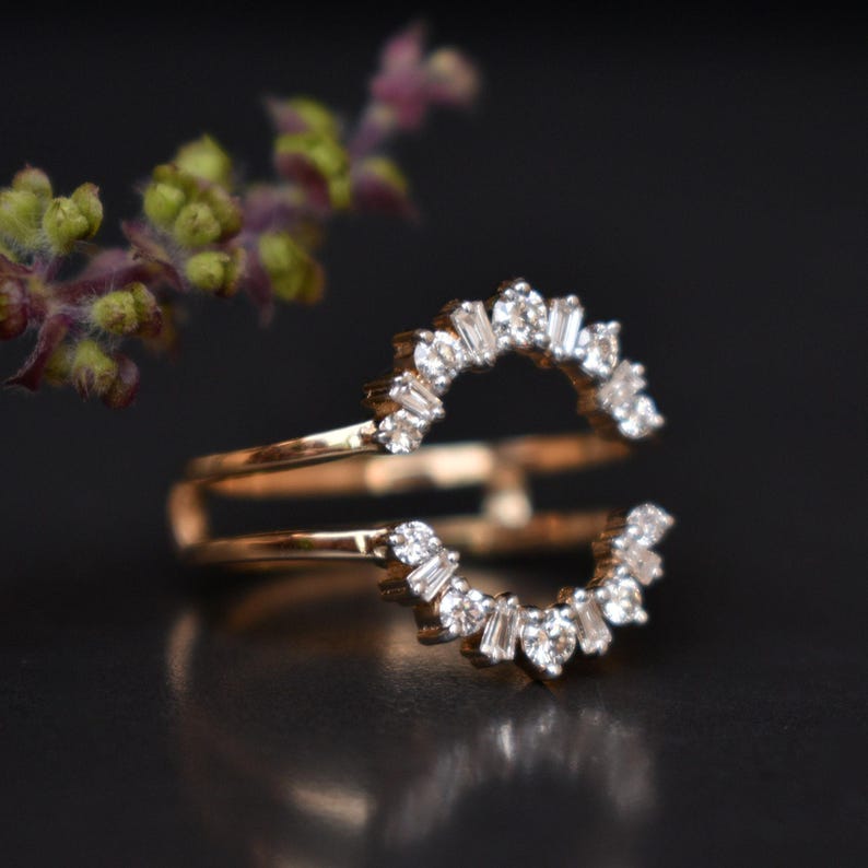 Natural Diamond Ring Guard, Oval Flower Shaped Engagement Ring Wrap, 14k 18k Solid Gold & Baguette Round Diamond Custom Fit Enhancer image 3