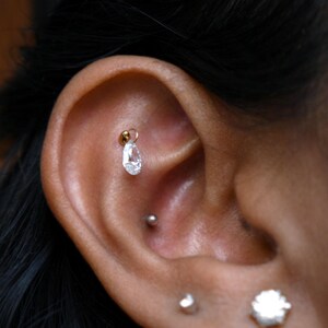 Floating Pear Natural Diamond Stud, 14k/18k Solid Gold Hidden Helix Piercing Jewelry Unique Ear Set Up image 9