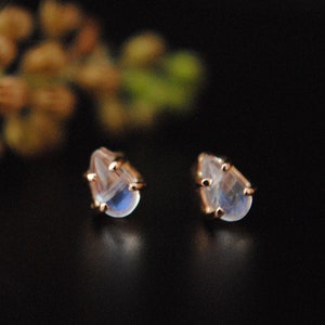 Moonstone Earrings in 14K Gold, 5x3mm Pear Natural Rainbow Moonstone Ear studs, June Birthstone Lobe Earring,