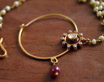 Indian Bridal Nose Ring in 18K Solid Gold, Bollywood Nath with Pearl Chain and Enamel, Unique Nose Piercing Fine Jewelry