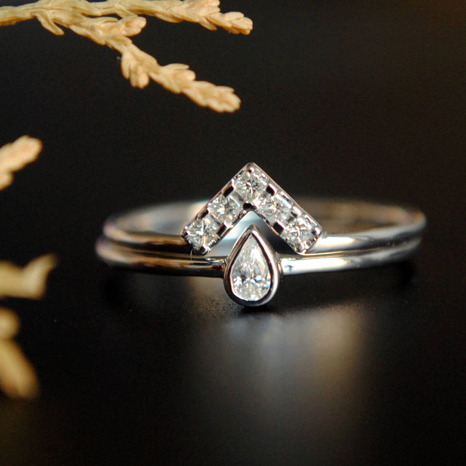 Wedding Ring Set. 14K Rose Gold Pear Baby Diamond Bridal Etsy