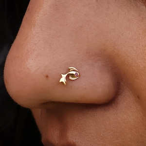 Fish Ear Nose Stud, 14K 18K Solid Gold, Natural Ruby Birthstone Piercing Jewelry, Pisces