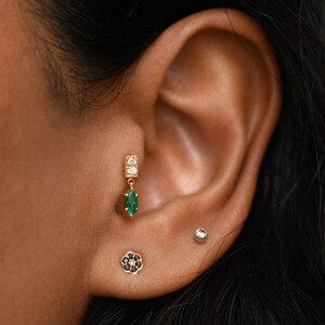 Natural Green Emerald Dangle with Diamond Bar, 14k 18k Solid Gold Small Danging Earring, Tragus Forward Helix Threaded Flatback 16g Piercing image 9