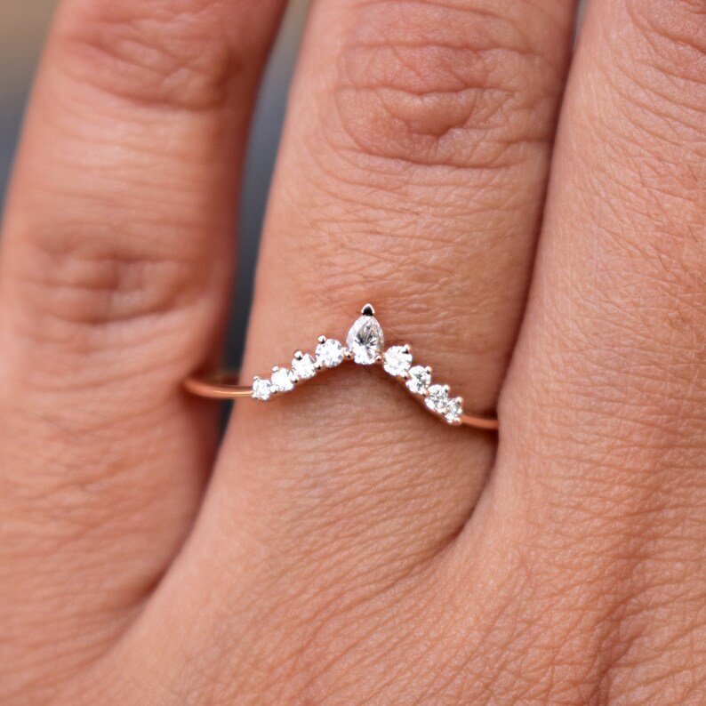 Curved Stack Wedding Band With Pear and Round Diamond in 14K Etsy UK