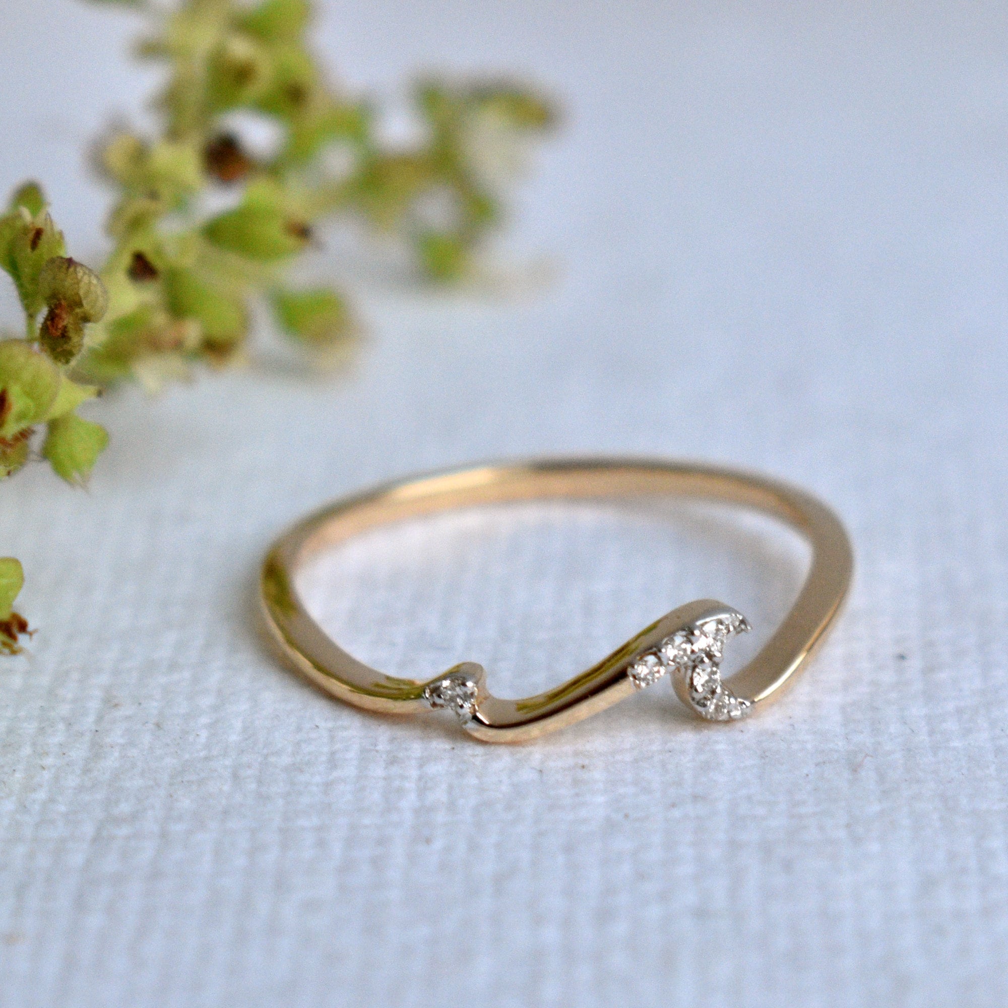 Diamond Wave Ring, 14K 18K Solid Gold Tide Current Band