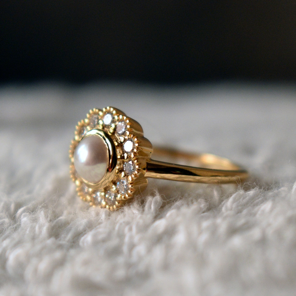 Pearl Engagement Ring with Diamond Halo in 14k Solid Gold Etsy