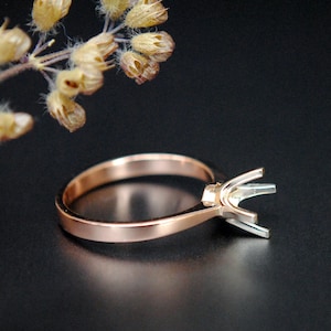 SET YOUR OWN Gemstone, 14k Solid Gold 2 Tone Solitaire Engagement Ring Setting, 4 Prong Semi Mount Jacket with Tapered Band,