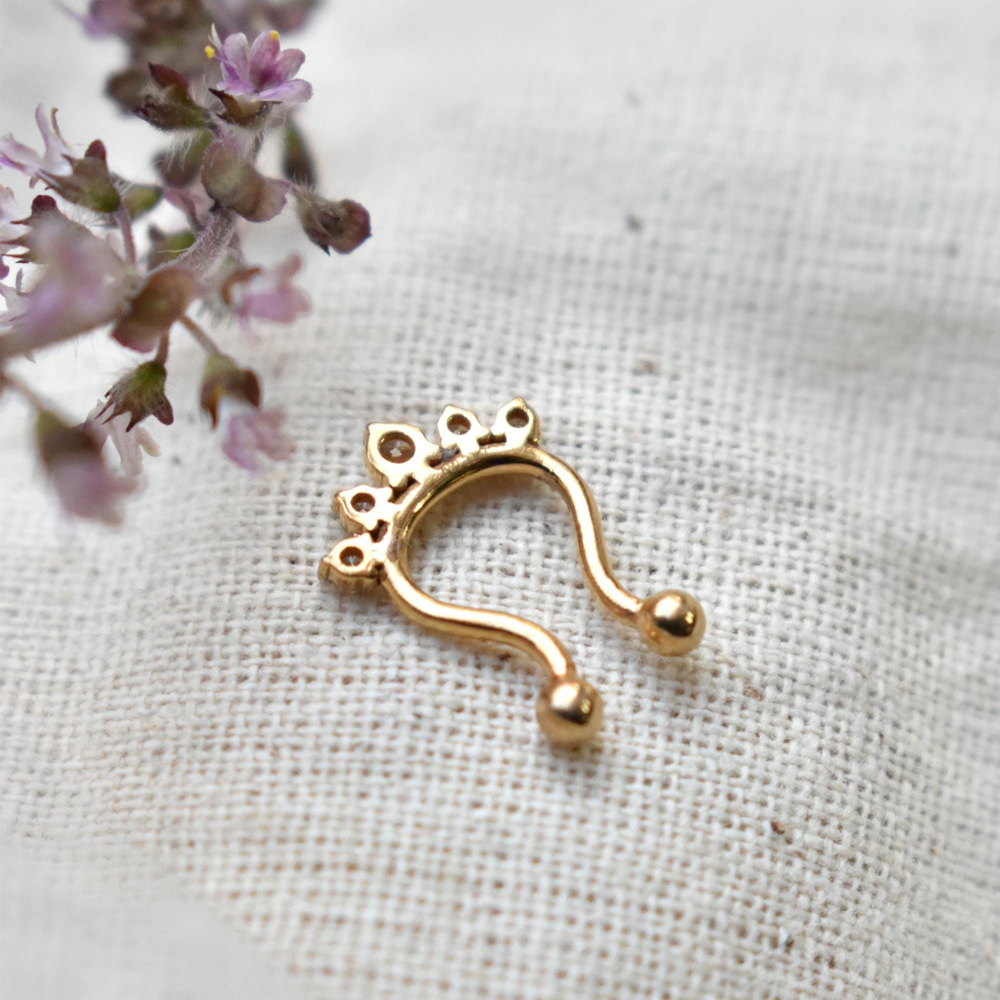 22k Solid Gold CLIP ON SEPTUM Ring, Natural Diamond Fake Septum, Faux ...