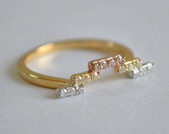 Unique Chevron Wedding Ring, Geometric Champagne/Cognac Diamond Stack Ring, 3 Tone Tetris Ring, Unique Ring Enhancer