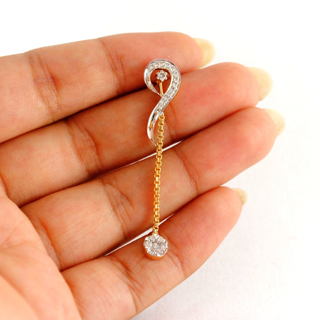 14K Solid Gold Long Chain Diamond Earrings with Cluster Etsy