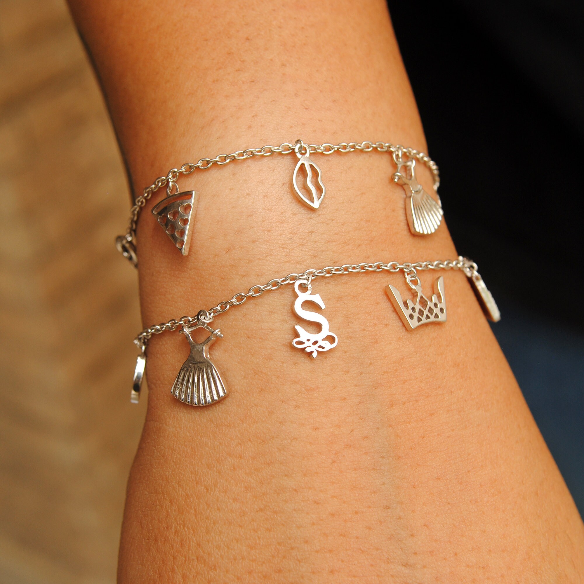 Sterling Silver Charm Bracelets Pizza Lips Dress Initial Crown Cell Phone Airplane Charms Personalized Gift Etsy