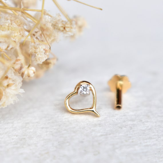 Gold Heart Stud, 14k 18k Solid Gold & Diamond Nose Ear Piercing Stud, Body  Piercing Jewelry, C/L Wire Twist 20g, Threaded Flatback 16g 