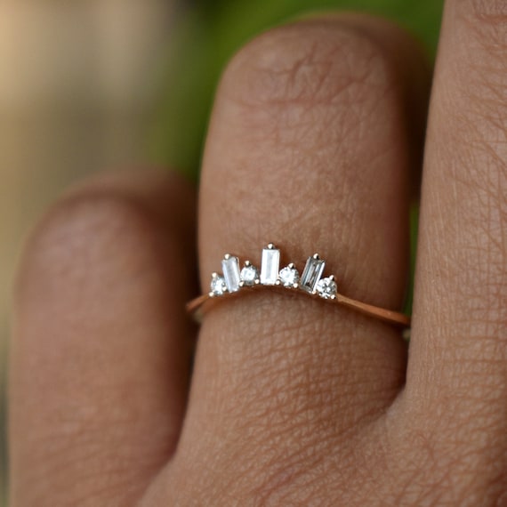 Baguette Round Diamond Curved Wedding Ring 14k Solid Gold Stackable Bridal Band Promise Engagement Ring Mother s Day Gift