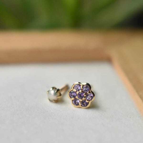 Süßwasserperle & natürlicher Edelstein doppelseitig Ohrstecker, 14k Solid Gold Floral Reversible Ohrring, 16g Flatback doppelseitige Piercing Schmuck
