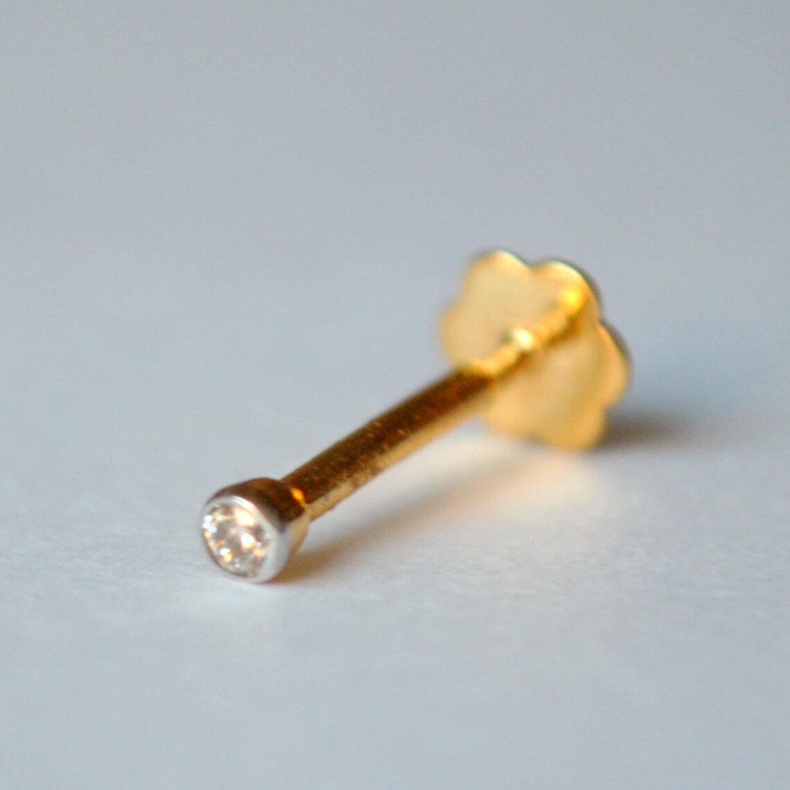 Internally Threaded Bezel Diamond Nose Stud. 14K Gold Flat Etsy