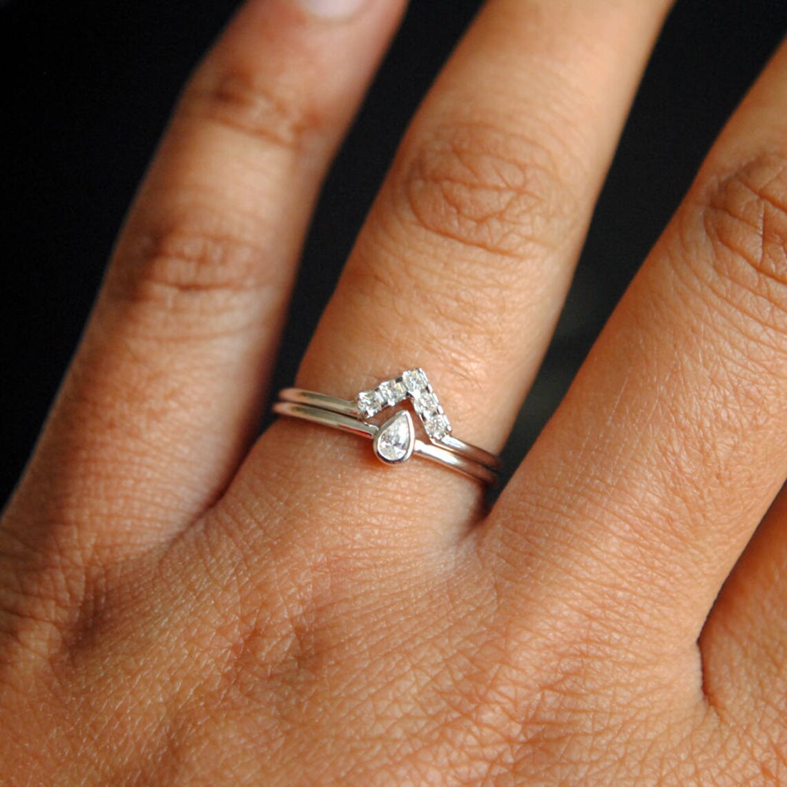 Wedding Ring Set. 14K Rose Gold Pear Baby Diamond Bridal Etsy