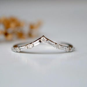 Natural Round Baguette Diamond Chevron Ring, Bridal 14K 18k Gold Stack Wedding Band
