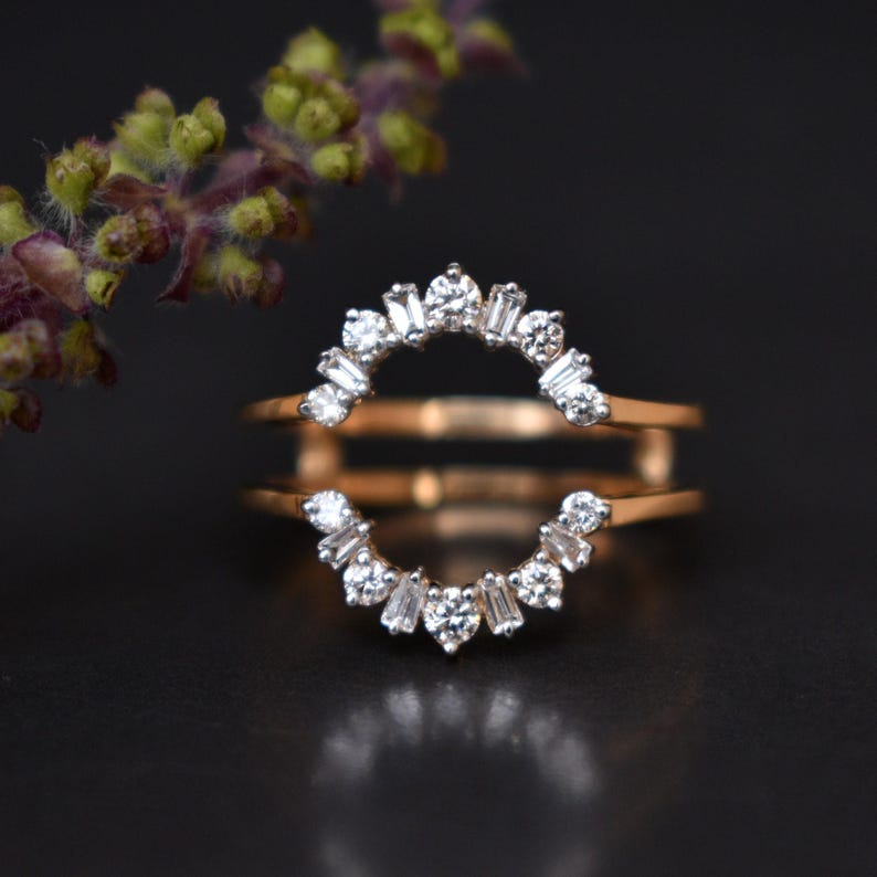 Natural Diamond Ring Guard, Oval Flower Shaped Engagement Ring Wrap, 14k 18k Solid Gold & Baguette Round Diamond Custom Fit Enhancer image 2