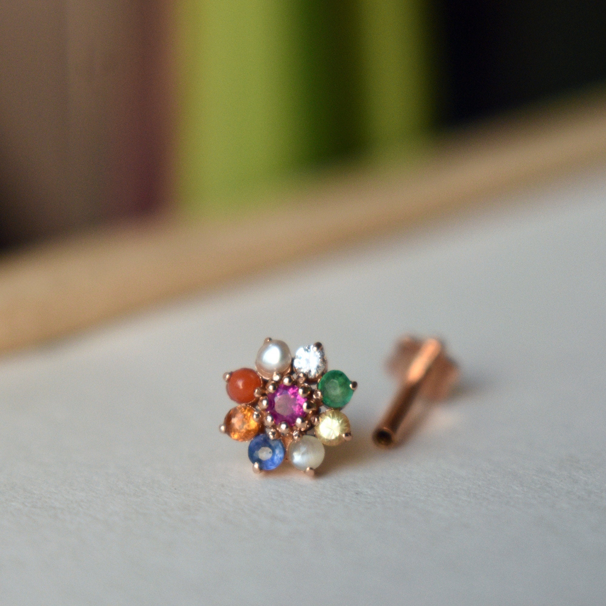 Navratna 9 Gemstone Nose Ear Stud 14k 18k Solid Gold Natural