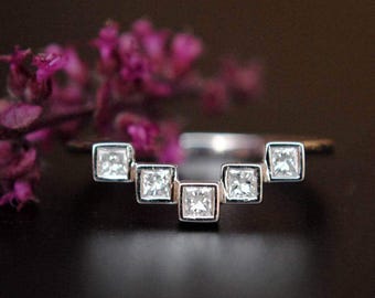Princess Cut Diamond Wedding Curved Band in 14K White Gold, Art deco Geometric Square Ring, Bezel Stack Ring DDP