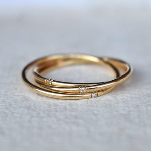 14k 18k Solid Gold Three Rolling Ring, 1mm Triple Interlocked Pave Diamond Ring, Fidget Band image 7