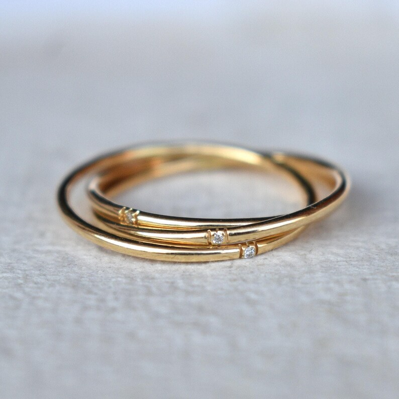 14k 18k Solid Gold Three Rolling Ring, 1mm Triple Interlocked Pave Diamond Ring, Fidget Band image 7