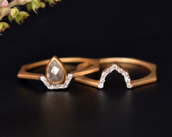 Gray Pear Diamond Engagement Ring with Geo Pear Diamond Halo, 14k Solid Yellow Gold Matte Finish Ring Set, Bridal Wedding Set, READY TO SHIP