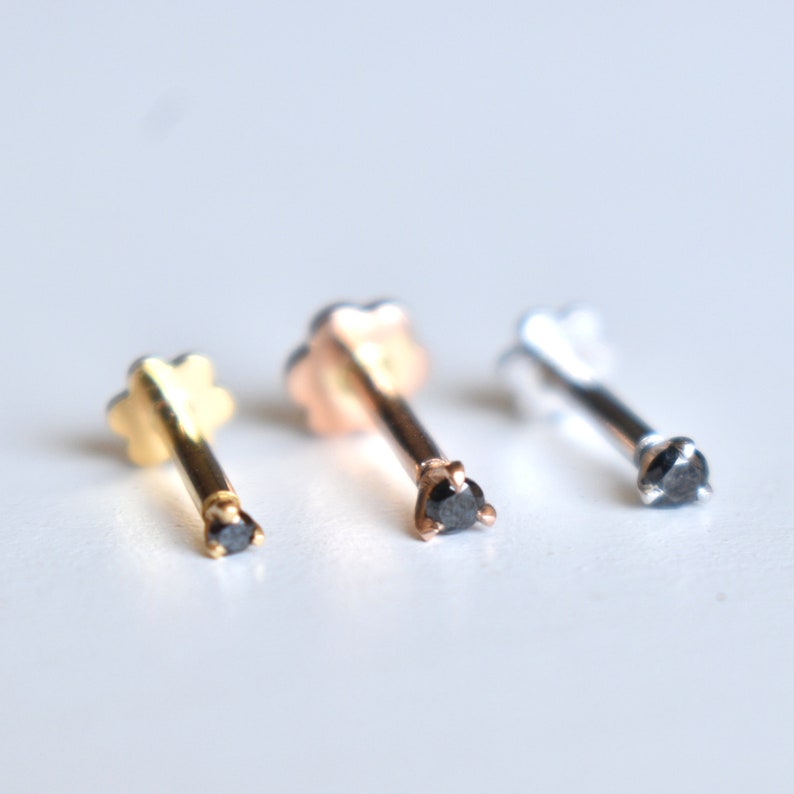 2mm 3mm Natural Black Diamond Martini Setting in 14K Solid Gold, Externally Threaded Flatback Stud for Ear Nose & Body Piercing image 8
