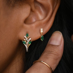 Natural Green Emerald Dangle with Diamond Bar, 14k 18k Solid Gold Small Danging Earring, Tragus Forward Helix Threaded Flatback 16g Piercing image 4