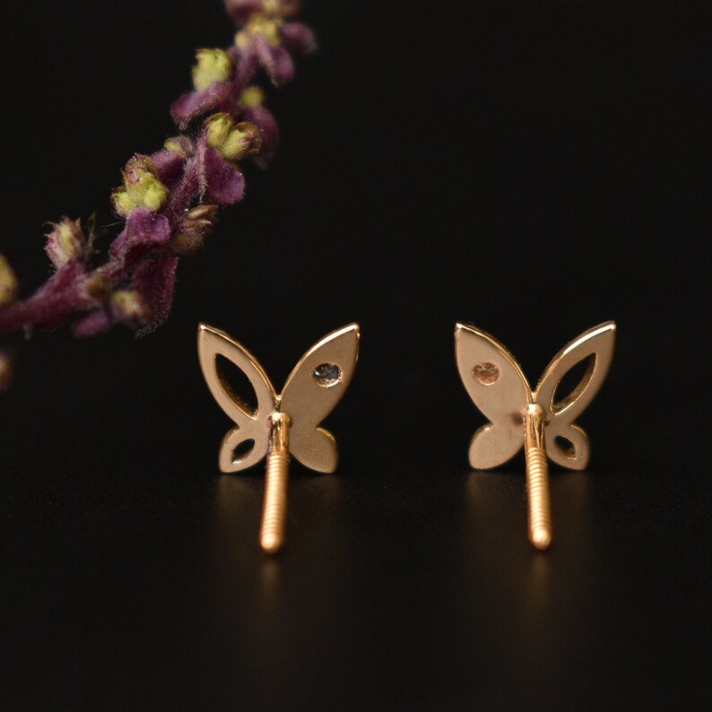 14k Solid Gold Butterfly Earrings with Flush Set Natural Etsy